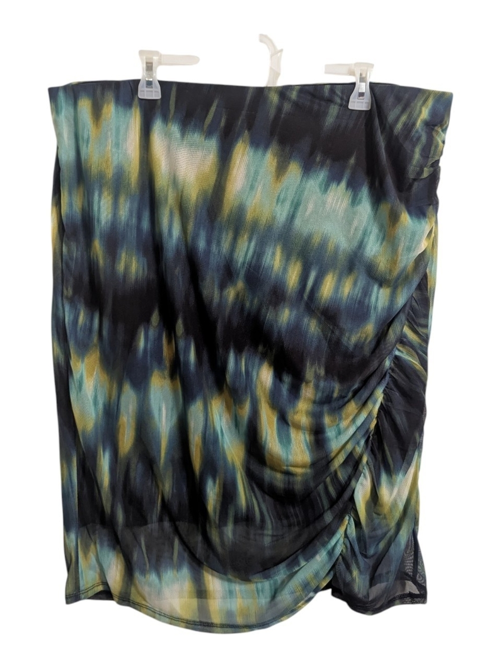 BOLD elements Women's Midi Skirt Sz 2X Stretchy Mesh Tie Dye Green Ruching W-258